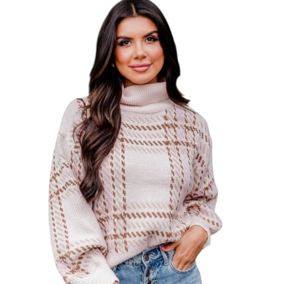 Plaid Cowl Neck Knit Cropped Boxy Sweater  Neutral blush Pink and Brown Sz S - Picture 5 of 10